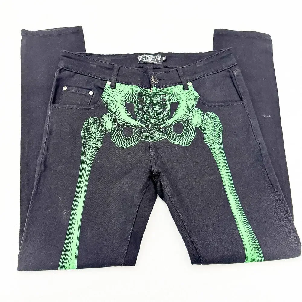 Kreepsville 66 Skeleton Printed Graphic Pocket Green Stitched Denim Jean Size 36
